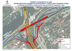 ИЗМЕНЕ  РЕЖИМA САОБРАЋАЈА ЗБОГ РАДОВА У ЗОНИ „МОСТА НА АДИ“ ОД НЕДЕЉЕ, 16.06 у 20.00 до НЕДЕЉЕ, 14.07.2013. године у 20.00 часова