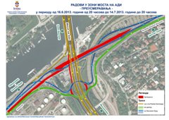 ИЗМЕНЕ  РЕЖИМA САОБРАЋАЈА ЗБОГ РАДОВА У ЗОНИ „МОСТА НА АДИ“ ОД НЕДЕЉЕ, 16.06 у 20.00 до НЕДЕЉЕ, 14.07.2013. године у 20.00 часова